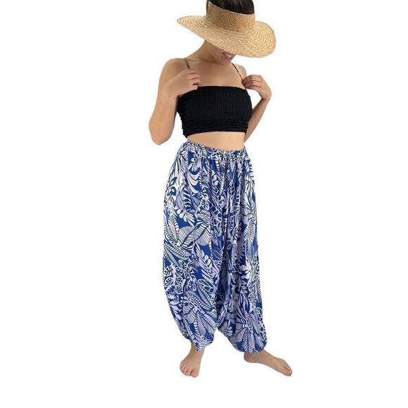 Apau ~ Gender Fluid Aladdin Gypsy Pants Blue White Tropical Floral Leaf Design - Picture 2 of 14